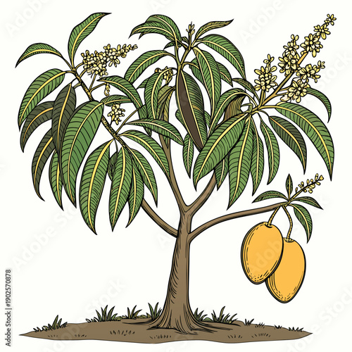 Mango tree with green leaves and yellow fruit plant