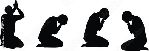 Muslim man prayer silhouettes set vector illustration Islamic dua worship kneeling poses spiritual religion black white collection