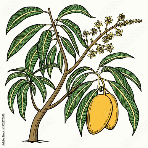 Mango tree with green leaves and yellow fruit tropical plant