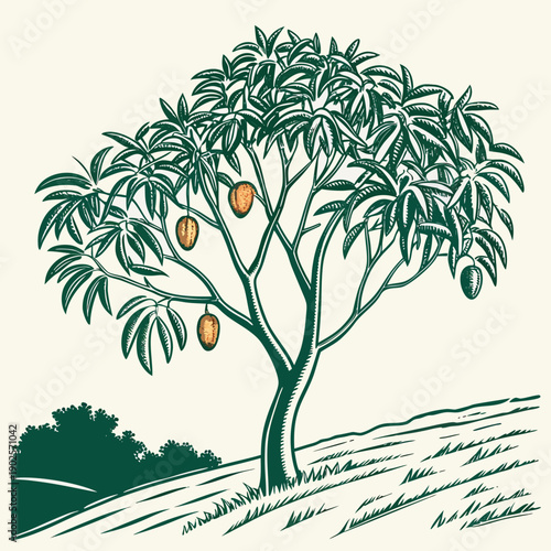 Minimal realistic mango tree with fruit on branch green leaves