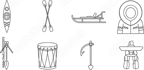 Collection of traditional Inuit culture line art icons featuring Arctic tools and clothing perfect for educational resources or digital design