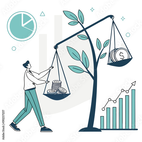 Man balancing coins and dollar on scale with tree and financial graphs