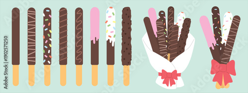 Chocolate dipped biscuit sticks collection with various toppings
