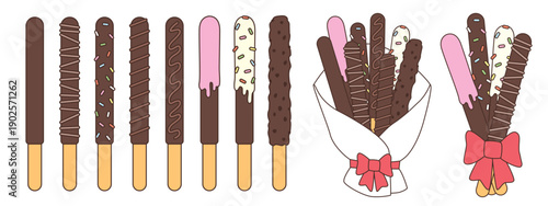 Vector illustration of chocolate sticks with sprinkles and ribbons