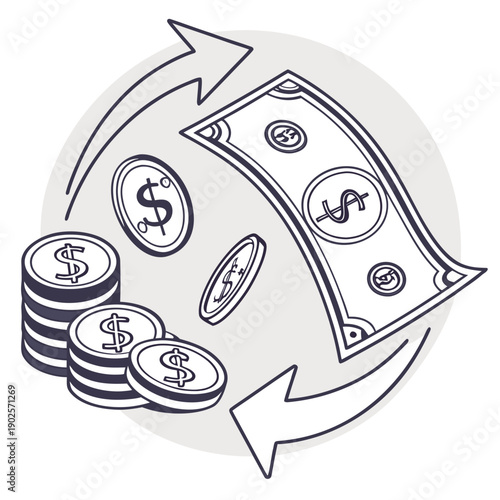 Money circulation concept with coins and banknotes