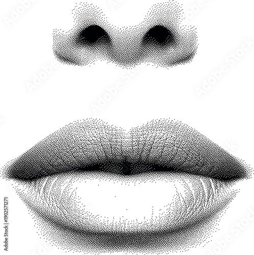 Abstract Halftone Lips Illustration with Dot Texture, Black and White Human Mouth Close Up, Conceptual Beauty and Expression Visual, Vintage Print Style Stipple Effect, Artistic Editorial Design