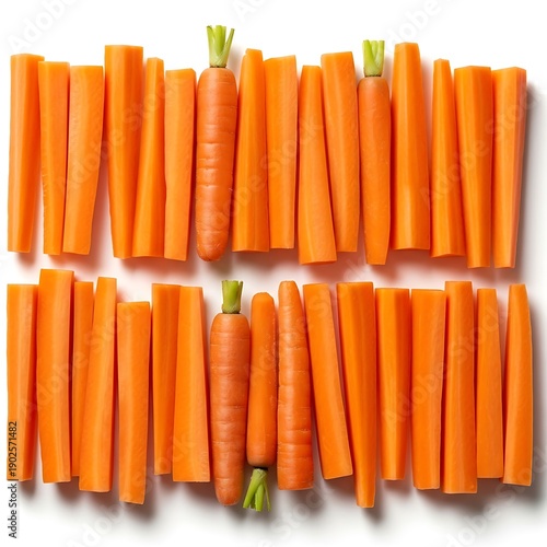 Fresh organic bunch of ripe orange carrots isolated on white background, a healthy raw vegetable root and vitamin-rich food ingredient for a vegetarian salad or snack