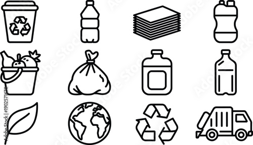 Ecology And Recycling Line Icon Set Featuring Waste Bin, Plastic Bottles, Garbage Bag, Organic Food, Earth Globe, Green Leaf, Disposal Truck, And Sustainability Symbols.