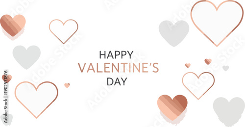A festive Valentine's Day graphic featuring various heart patterns in shades of rose gold and gray on a white background with a 'Happy Valentine's Day' message in modern typography.
