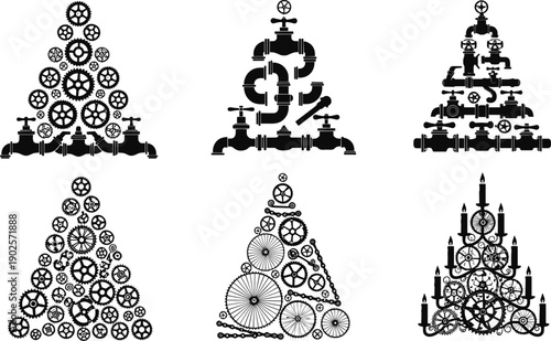Steampunk Christmas tree silhouettes made of gears pipes valves candles mechanical holiday decoration vector illustration set black white