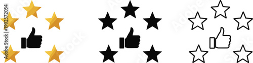 Five star rating icon set with thumbs up, gold black and outline feedback symbols, customer review quality service satisfaction vector illustration.Five star feedback symbols