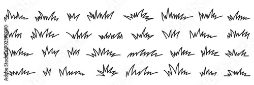 Grass line doodle. Outline grassland or meadow sketch, simple field design. Black grass brush stroke hand drawn texture for garden pattern or lawn. Herb marker vector isolated element