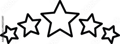Five Stars Rating Icon Set In Arched Composition Featuring Black Outlined Shapes For Customer Review, Product Quality Ranking, Business Excellence Achievement, And Service Evaluation.