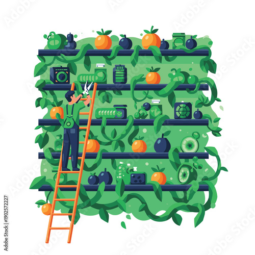 Man on a ladder carefully tends to a wall of shelves overgrown with lush green vines, organizing various items like fruit and clocks amidst the natural, wild growth.