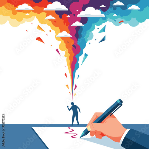Large hand draws a line on paper, from which emerges a human silhouette and a vibrant, explosive plume of colorful smoke, clouds, and shapes, symbolizing pure creativity.