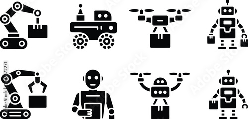 Industrial Automation And Artificial Intelligence Icon Set Featuring Robotic Arms, Delivery Drones, Humanoid Robots, Autonomous Vehicles, Smart Logistics Technology