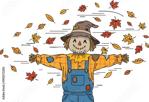 Scarecrow with Leaves Blowing Around Him.