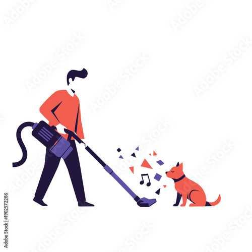 Man uses a vacuum cleaner to suck up abstract shapes and a music note, which a curious dog is sniffing, a playful concept of cleaning up digital noise or creative clutter.