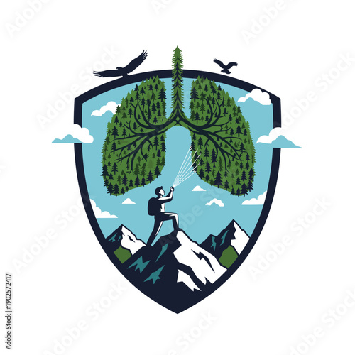 Hiker on a mountain peak flies a kite shaped like human lungs made of a dense green forest, a creative emblem symbolizing fresh air, respiratory health, and nature.