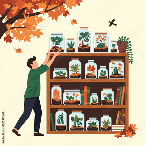 Man carefully arranges a collection of beautiful terrariums with autumn leaves and plants on a wooden bookshelf, symbolizing the preservation of nature and seasonal memories.