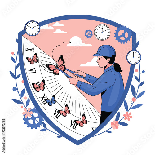 Woman wearing a cap carefully places butterfly-shaped hands onto a large sundial clock face, a beautiful metaphor for managing time, change, and delicate transitions.