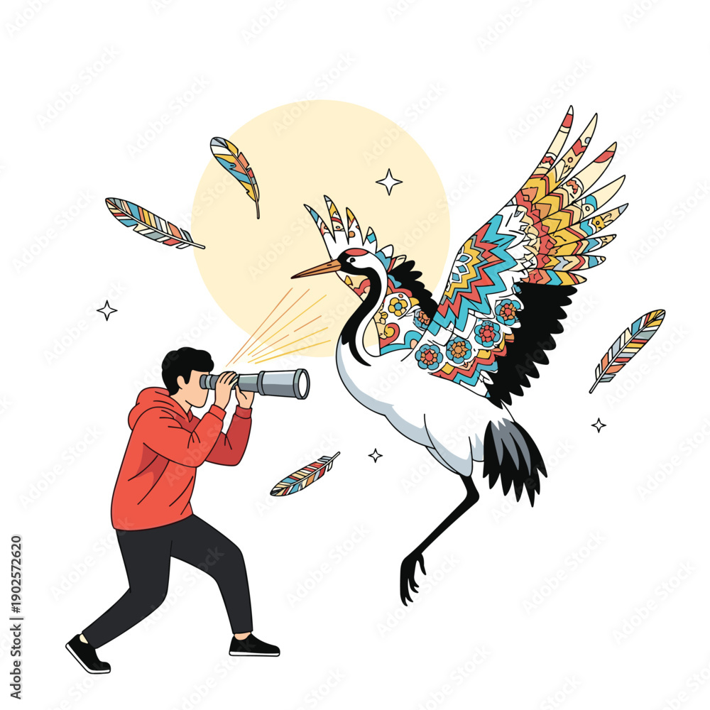 Obraz premium Man looks through a telescope at a large, majestic crane with vibrant, colorful patterns on its wings, a beautiful concept of discovering creativity, beauty, and inspiration.