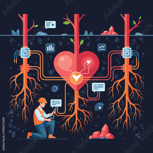 Engineer checks on a complex system of roots and wires connected to a glowing digital heart underground, a metaphor for maintaining the core of a technological system.