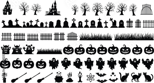 Halloween silhouette icon set with haunted castles, graveyards, pumpkins, ghosts, witches, bats and spooky decorative elements in black style