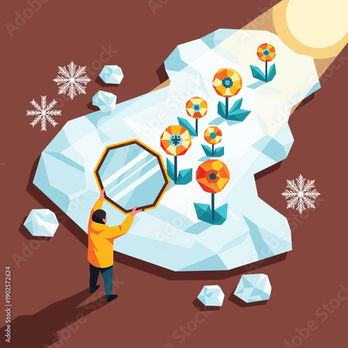 Man holds up a mirror to reflect a sunbeam onto a patch of ice, melting it to reveal beautiful flowers, a metaphor for creating opportunity and warmth in cold situations.