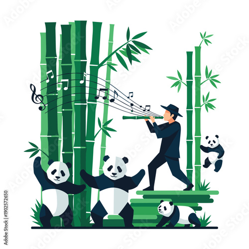 Man in traditional clothing plays a flute in a bamboo forest, enchanting a group of happy, dancing panda bears with his beautiful melody, a scene of harmony and joy.