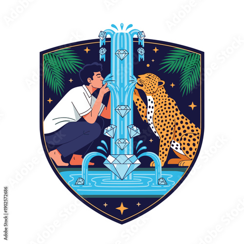 Man and a leopard drink together from a magical fountain of flowing water and diamonds in a starry jungle, a beautiful emblem of luxury, nature, and unexpected harmony.