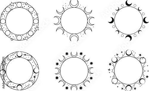 Set of celestial moon phase circular frames mystical astrological borders with stars and crescent moons vector design elements for invitations and branding