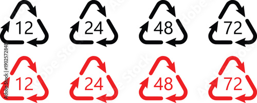 Recycling Symbol Icon Set with 12, 24, 48 and 72 Numbers in Black and Red Vector Design