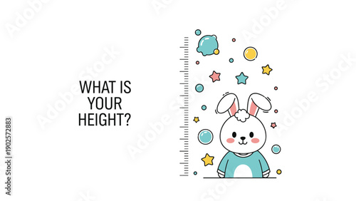 Cute white rabbit character standing next to a height measurement scale ruler with stars and bubbles for a children height chart.