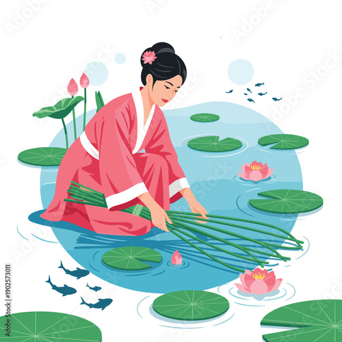 A graceful woman in a pink kimono gathers lotus stems in a serene pond filled with lily pads, pink lotus flowers, and small fish swimming peacefully in the clear water.