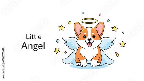 Little corgi dog character depicted as a cute angel with light blue wings and a golden halo surrounded by stars and colorful dots.