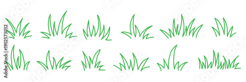 Grass doodle sketch style set. Hand drawn grass field outline scribble background. Sprout, flower, clover elements.