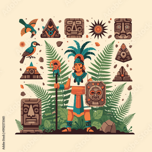 A Mayan or Aztec warrior stands proudly in a jungle setting, surrounded by various cultural artifacts like stone masks, pyramids, and tropical birds, showcasing a rich heritage.