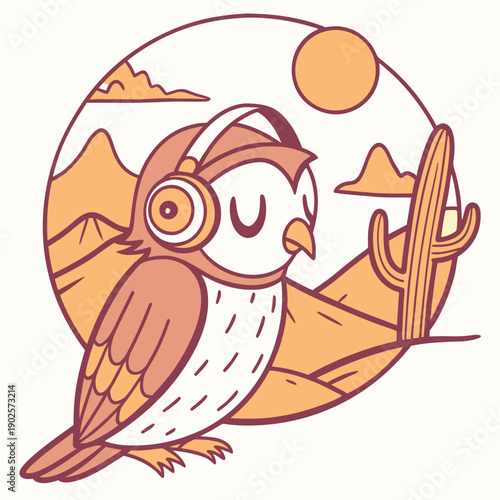 Sundown Glow colored Owl with a Dreamy touch, placed in a Desert sunset theme and styled with wearing headphones
