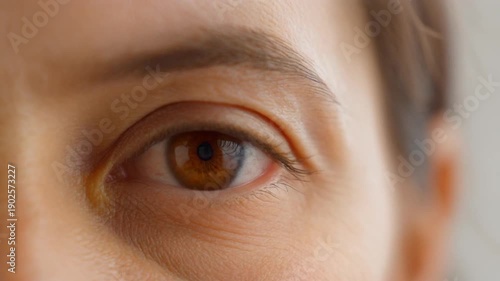 Wallpaper Mural Close-up of woman's eye with brown iris and wrinkles, looking directly, on neutral background, for health or beauty use Torontodigital.ca