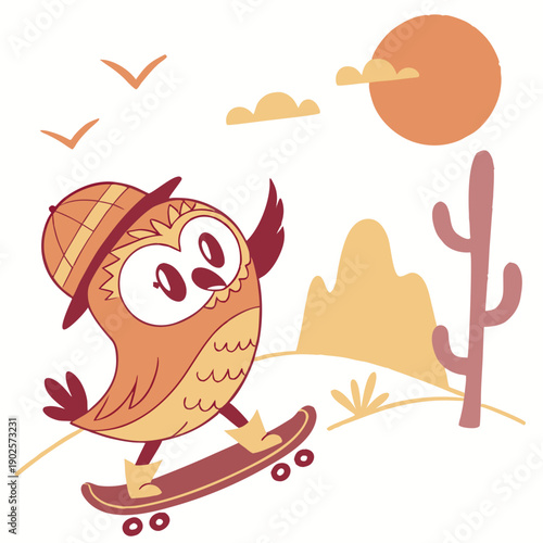 Cute SVG of a Joyful Owl in Sundown Glow colors, featuring riding a skateboard in a Desert sunset setting