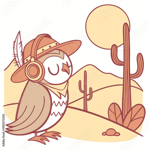 Creative SVG: Relaxed Owl with wearing headphones in a Sundown Glow colored Desert sunset theme