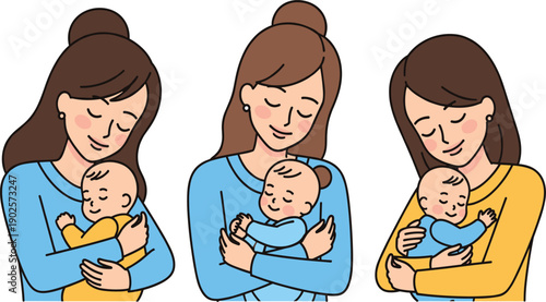 Mother Holding Sleeping Baby in Loving Embrace Isolated on White Background Vector Illustration Set