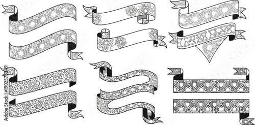 Set of elegant black and white decorative banners and ribbons featuring intricate ornate patterns perfect for vintage design elements labels headers and text frames