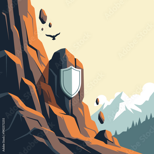 A sturdy shield emblem is fixed to a rocky cliff face during a rockslide, symbolizing protection, security, and resilience against natural disasters and challenges.