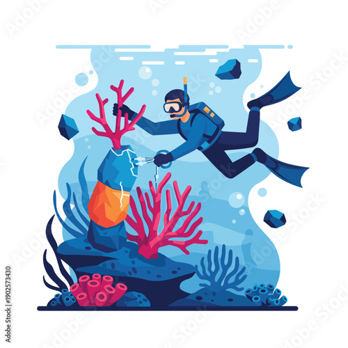 A dedicated scuba diver carefully cleans a polluted coral reef, removing a plastic bottle that is damaging the delicate marine ecosystem, showcasing environmental action.