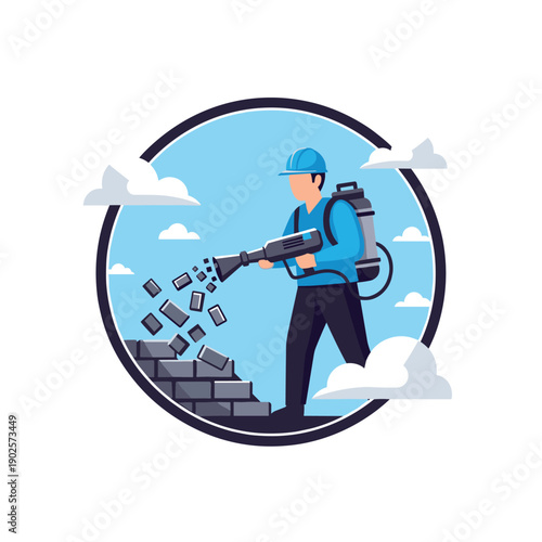 A worker in a blue hard hat uses a powerful, futuristic leaf blower-like tool to deconstruct a brick wall, illustrating concepts of demolition or breaking barriers.
