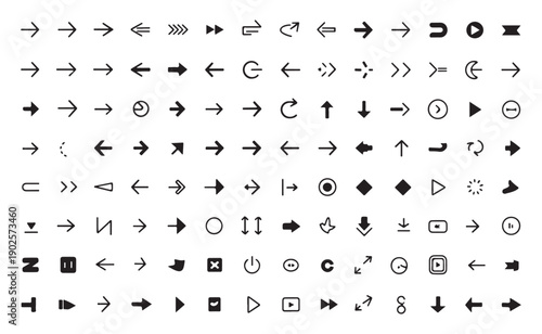 Set of black vector arrows pointing in various directions and shapes on white background