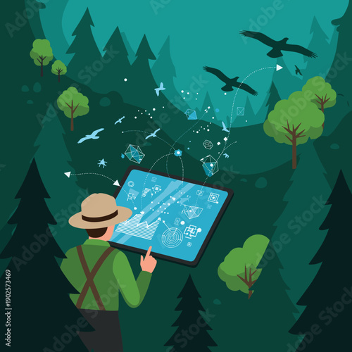 A researcher in a forest uses a large tablet with data visualizations to track the migration patterns of birds, which are shown as geometric shapes flying from the screen.