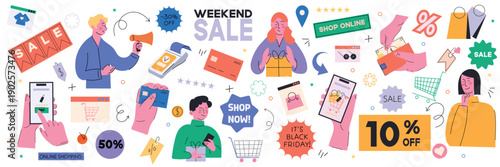 Colorful cartoon shopping concept big stickers set. Characters, shopping bags, discounts, coin, credit cards and cash isolated on white background. Flat vector illustration design for online shopping.